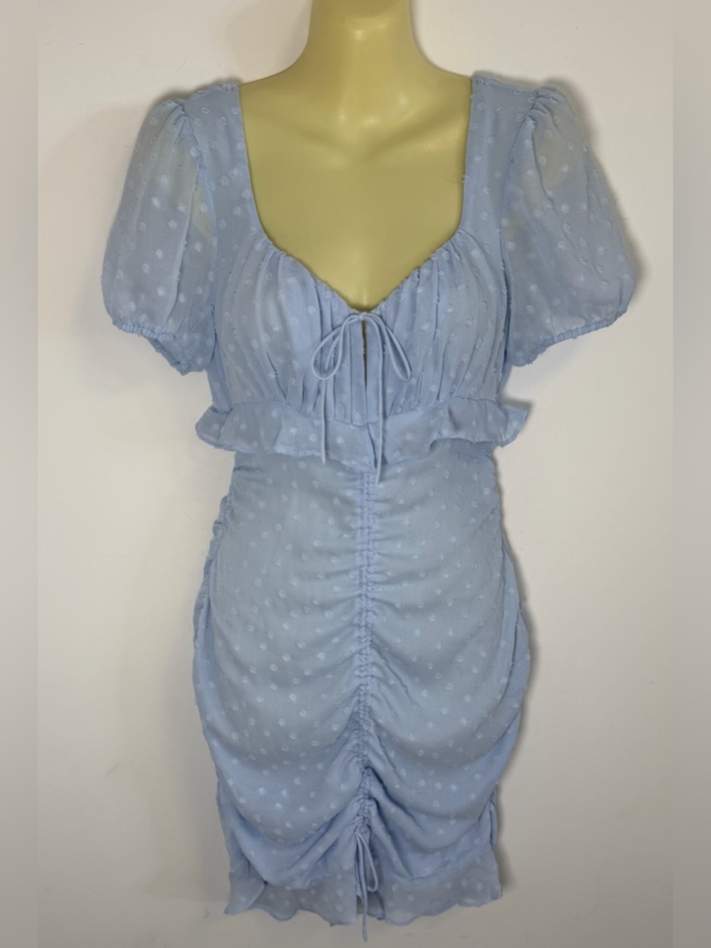 Cotton Candy LA Light Blue Swiss Dot Puff Sleeve Ruched Mini Dress